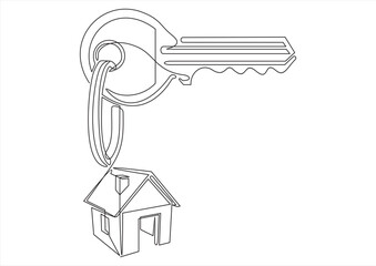 One continuous drawn single art line doodle sketch  symbol key house. The concept of real estate sales	
