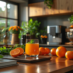 Glass of fresh tangerine juice with ripe tangerines in modern kitchen. 
