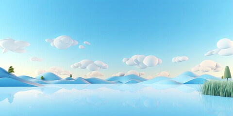 3d render, cartoon illustration of sky blue hills with water in the background, simple minimalistic style, low detail copy space for photo text or product