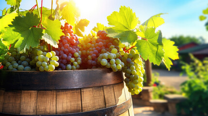 Bunches of ripe grapes lie on wooden barrel. Rural scene, grape harvest. Plantation of vineyards for wine production - obrazy, fototapety, plakaty