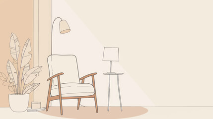 Fototapeta premium Continuous line drawing of an interior with an armchair and a plant, a table and a lamp. Vector flat simple illustration
