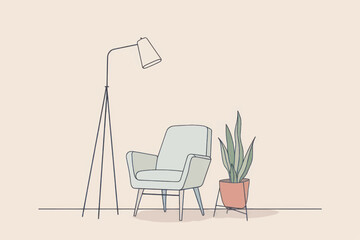 Fototapeta premium Continuous line drawing of an interior with an armchair and a plant, a table and a lamp. Vector flat simple illustration