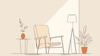 Continuous line drawing of an interior with an armchair and a plant, a table and a lamp. Vector flat simple illustration