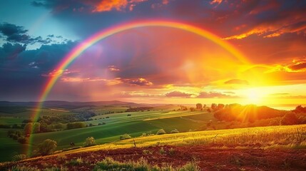 A tranquil agricultural scene at sunset featuring a vibrant rainbow over the farmlands, capturing the beauty of nature and its phenomena