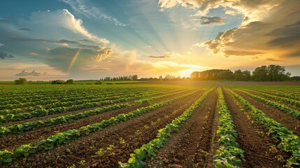 A tranquil agricultural scene at sunset featuring a vibrant rainbow over the farmlands, capturing the beauty of nature and its phenomena - obrazy, fototapety, plakaty