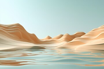 3d render, cartoon illustration of tan hills with water in the background, simple minimalistic style, low detail copy space for photo text or product, blank - obrazy, fototapety, plakaty