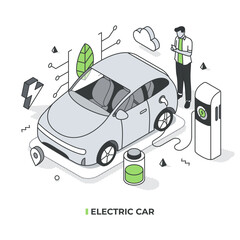 An electric car is shown charging at a power station, representing the concept of reducing emissions from transportation to combat air pollution. Green technology concept in an isometric style