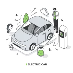 Poster An electric car is shown charging at a power station, representing the concept of reducing emissions from transportation to combat air pollution. Green technology concept in an isometric style © Rassco