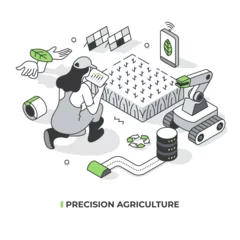  Precision agriculture and smart farming. Woman with tablet in front of crops  analysing live data. Innovations in farming. Using technology and data analytics to maximize yield. Isometric illustration © Rassco