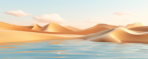 3d render, cartoon illustration of tan hills with water in the background, simple minimalistic style, low detail copy space for photo text or product, blank