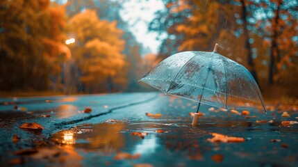 A transparent umbrella with water droplets sits in a puddle on a road, creating a naturally abstract and blurred autumn background, symbolizing the rainy season - obrazy, fototapety, plakaty