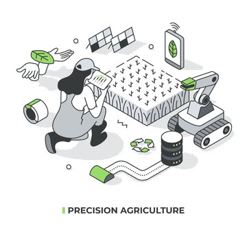 Precision agriculture and smart farming. Woman with tablet in front of crops  analysing live data. Innovations in farming. Using technology and data analytics to maximize yield. Isometric illustration