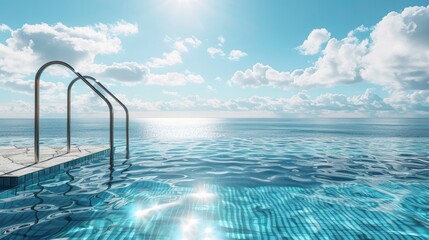 Beautiful pool with a white cloud cover and a blue sky. There are lovely reflections made by the shining water below the sun.