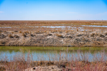 Waterway used for irrigation in Moynaq (Muynak), a former fishing village located on what used to be the coast of the Aral Sea, now a desert in western Uzbekistan