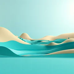 Fototapeten 3d render, cartoon illustration of turquoise hills with water in the background, simple minimalistic style, low detail copy space for photo text or product, blank © Lenhard