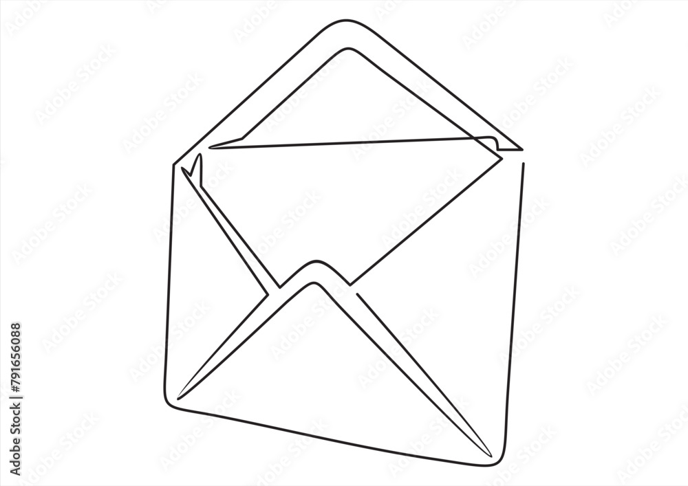 Poster continuous line drawing of open envelope with a letter