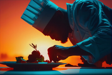 A chef artfully plating a dish in a commercial kitchen ,with a blue and orange background. - obrazy, fototapety, plakaty