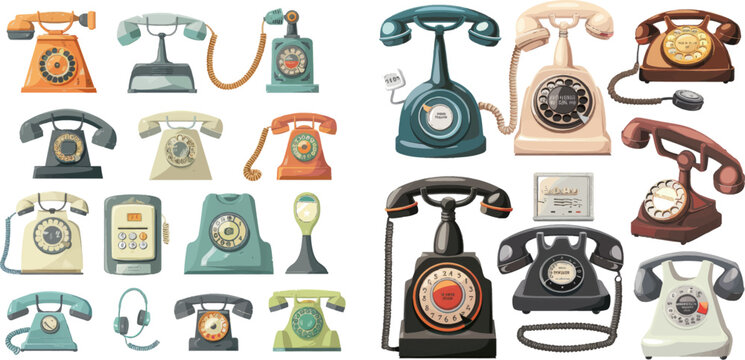 Various old wire phones for call, antique dial telephone with handset on cord