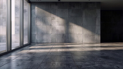 Minimalist interior space with concrete walls and tiled floor, illuminated by sunlight shining through large windows.