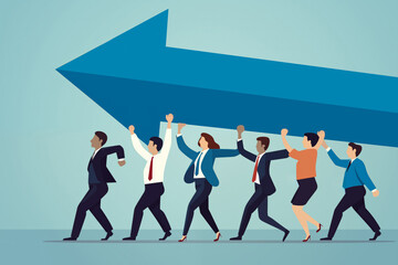Business graphic vector modern style illustration of a business person in a workplace environment showing teamwork, direction, working together for shared goals in targets to achieve success