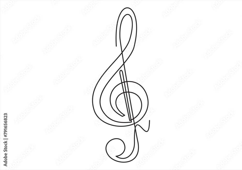Poster continuous line drawing of treble clef. music note one line icon. one line drawing background. vecto