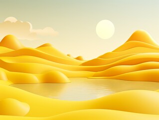 Fototapeta na wymiar 3d render, cartoon illustration of yellow hills with water in the background, simple minimalistic style, low detail copy space for photo text or product, blank