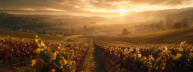 vineyard sunset rolling hills warm colors idyllic rural landscape photography - obrazy, fototapety, plakaty