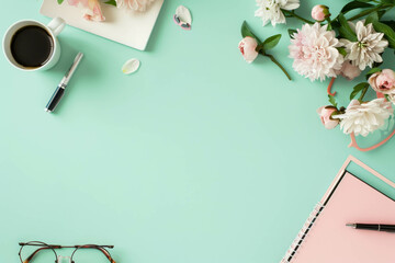 Behold the meticulously arranged workspace from a top view, showcasing notepad, office supplies, and flowers on a light background. AI generative elevates creativity. - obrazy, fototapety, plakaty