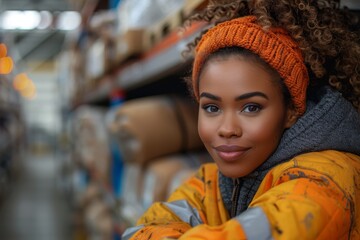 Obraz premium A young curly-haired woman wearing an orange hat and winter jacket relaxing in a warehouse setting