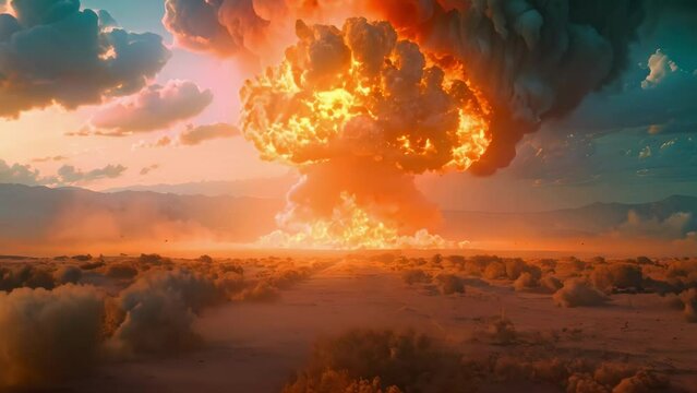 Apocalyptic Shockwave: Serene Desolation Meets Fiery Fury. Concept Disaster Photography, Dramatic Scenes, Nature's Wrath, Post-Apocalyptic Landscapes, Surreal Destruction