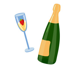 Champagne with strawberries. Champagne bottle and glass with strawberry, Sparkling wine. Romantic toast. Closed full bottle and filled glass. Festive. Flat vector illustration. Alcohol drink