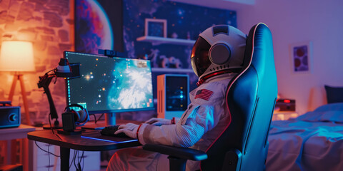 Witness the intersection of space and technology as an astronaut operates a computer in his bedroom. AI generative enhancements amplify the cosmic experience. - obrazy, fototapety, plakaty