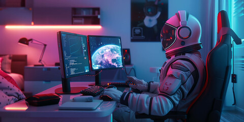 Embark on a cosmic journey with an astronaut using a computer in his bedroom. AI generative technology enriches the space exploration. - obrazy, fototapety, plakaty