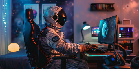 Embark on a cosmic journey with an astronaut using a computer in his bedroom. AI generative technology enriches the space exploration.