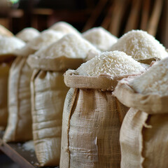 Explore the simplicity of rice grains stored in a sack. AI generative technology enriches the agricultural scene.