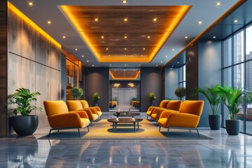 An inviting modern hotel lobby with vibrant orange armchairs and stylish decorative lighting exuding warmth and style