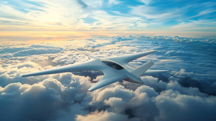 A futuristic hydrogen powered airplane flying
