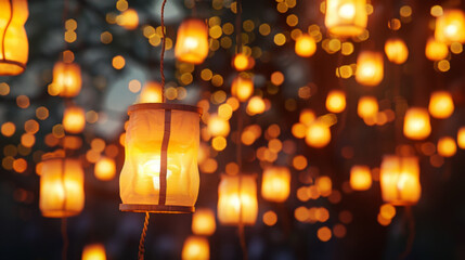 Chinese  flying lanterns  background. Indian paper flying lights with flame at night sky background.  Diwali festival celebration concept. 1st, November.   Selective focus. Generative AI. 
