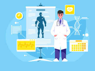 Doctor showing presentation. Medical specialist in a white coat stands with a stethoscope. Flip chart with human body. Healthcare concept background. Vector graphics