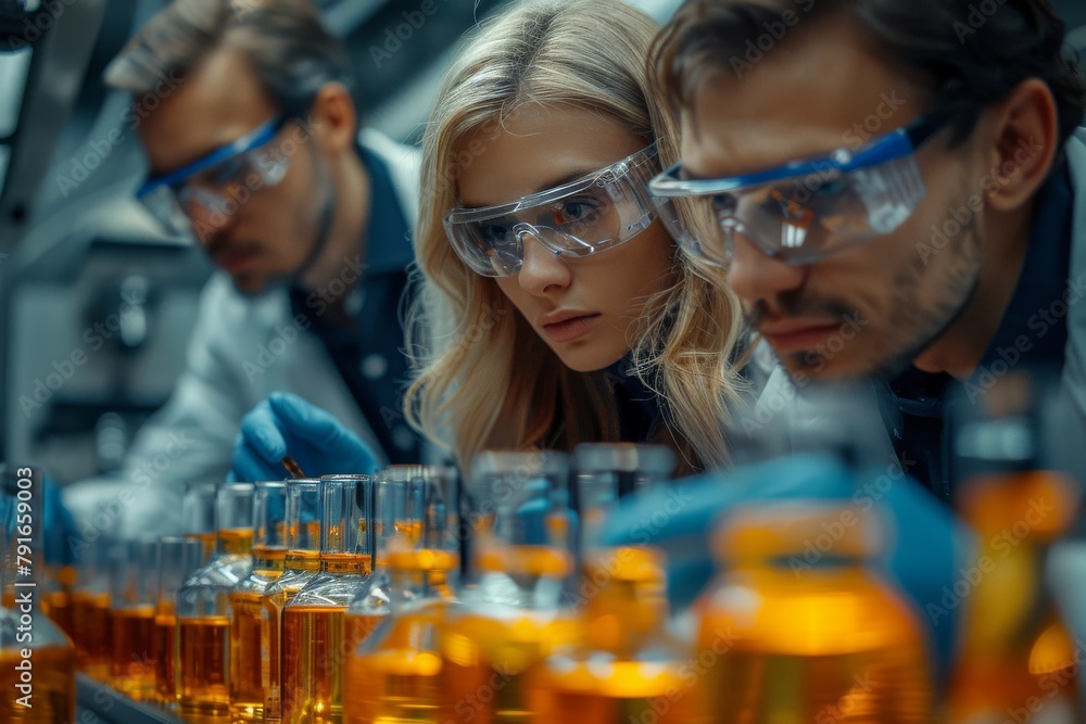 Poster a team of focused scientists analyze liquid samples in test tubes in a high-tech laboratory setting