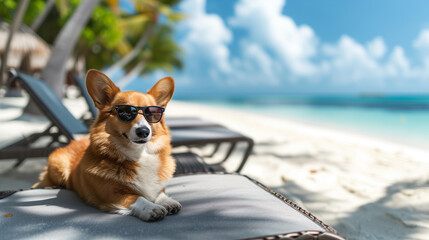 realistic photo of a corgi lying on a sun lounger on the beach in the Maldives wearing sunglasses