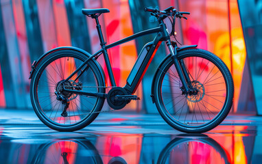 E-Bike, weiches Licht, Nahaufnahme, bunter moderner Patchwork-Hintergrund.