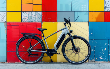 E-Bike, weiches Licht, Nahaufnahme, bunter moderner Patchwork-Hintergrund.