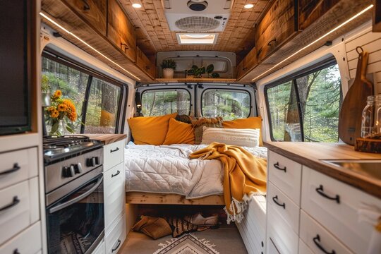 Der Innenraum von einem selbst ausgebautem Campingbus 