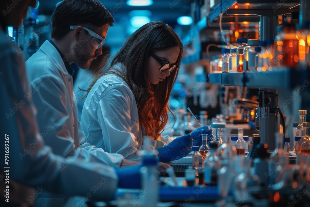 Poster a focused group of scientists engaged in research within a high-tech lab environment, pushing the bo