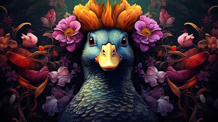 A beautiful painting of a duck with a flower crown. - obrazy, fototapety, plakaty