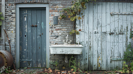 A grey wooden door and an old white sink in a farm 