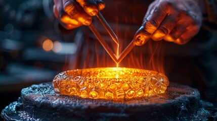 The glass blowers skilled hand is the only visible part as they create stunning glass pieces, Generated by AI - obrazy, fototapety, plakaty