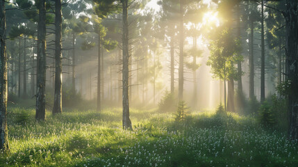A serene forest glade at dawn, sunlight filtering through misty trees.