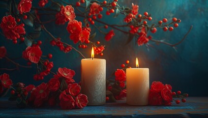 Two lit candles surrounded by lush red flowers and foliage, creating an intimate ambiance in a tranquil setting